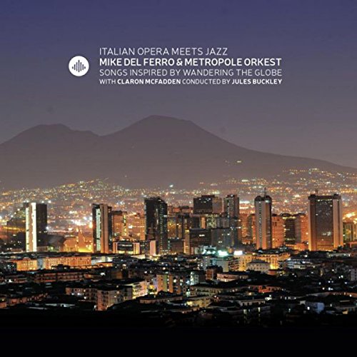 "Album cover with a cityscape at dusk, mountains in the background, and white text overlay."