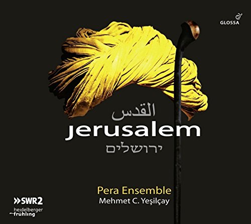 "CD cover with yellow turban and cane on black background, 'Jerusalem' in multiple languages."