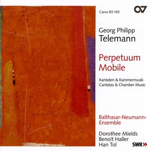CD cover for Telemann’s “Perpetuum Mobile” with abstract red and orange art.