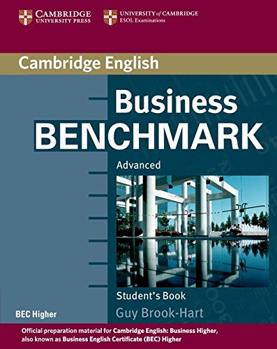 "Textbook cover with 'Business Benchmark Advanced' title, modern building image, and maroon and blue design."