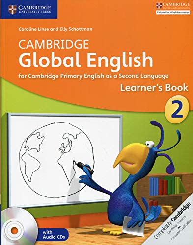 "Textbook cover with cartoon bird drawing a globe, green background, and orange header."