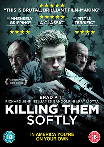 "Killing Them Softly" DVD cover featuring Brad Pitt holding a gun, with three men behind.