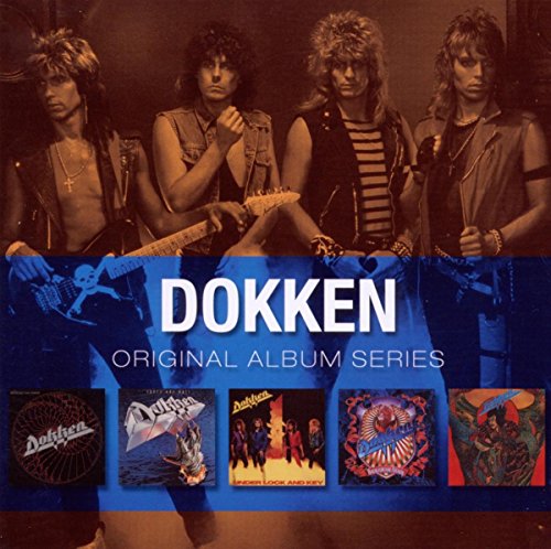 "Dokken band members above five album covers on a blue background."