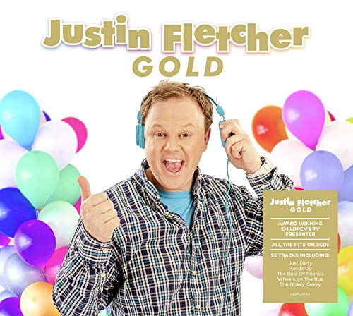 Justin Fletcher album cover with balloons and a smiling man wearing headphones.