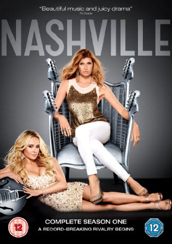 The image shows the DVD cover for "Nashville - Season 1". The alt text: "DVD cover featuring two blonde women, one sitting on a guitar throne."