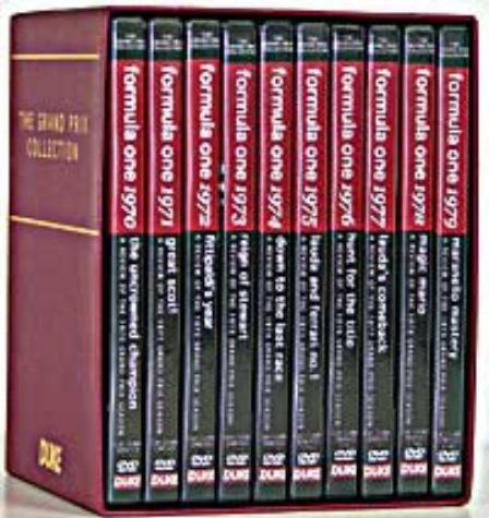 "Ten white DVDs in a box, labeled 'F1' and dated 1970-1979."