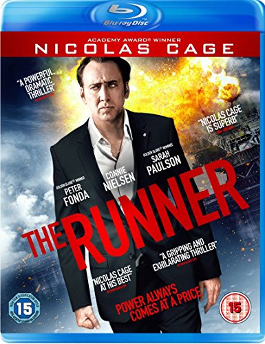 Blu-ray cover for The Runner featuring Nicolas Cage in a suit before an explosion.