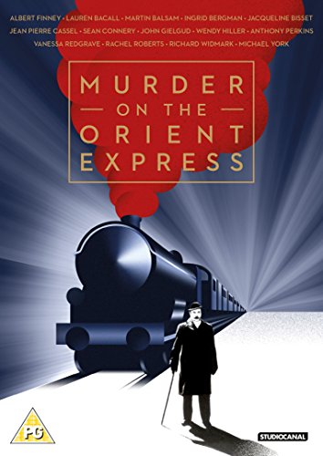 DVD cover for "Murder on the Orient Express" featuring a train and man.