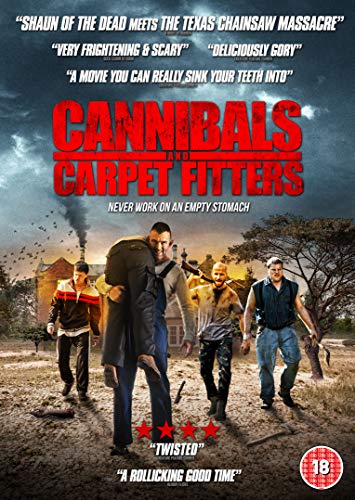 DVD cover for "Cannibals & Carpet Fitters" showing four men with weapons in a deserted landscape.