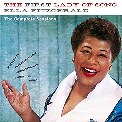 "CD cover featuring Ella Fitzgerald, smiling and gesturing, against a blue background."