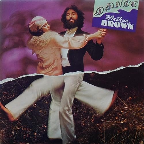 Arthur Brown and a woman in vintage clothing dancing against a purple background.