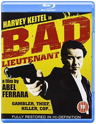 "Blu-ray case for 'Bad Lieutenant' film, featuring Harvey Keitel holding a gun."
