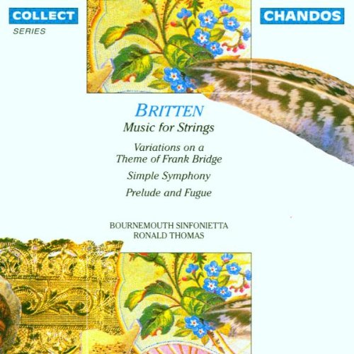 "CD cover with floral patterns and text describing Britten's 'Music for Strings'."