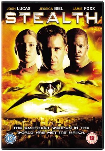 "DVD cover for 'Stealth' with three actors and a futuristic aircraft."