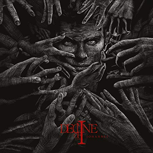 Black and white illustration of a face surrounded by reaching hands.