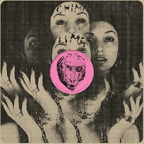 Pink and beige album cover with faces and a central animal portrait.