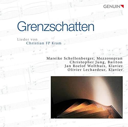 CD cover with musical notation, text, and a shadowed piano image.