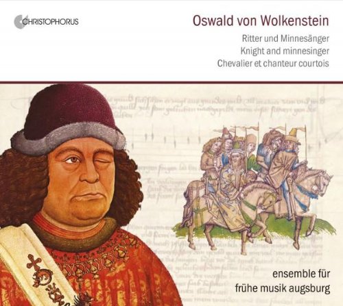 A medieval-style CD cover featuring a man in red and a knight on horseback.