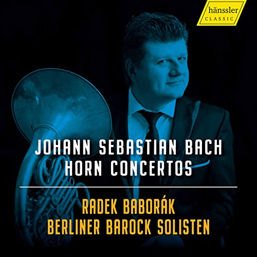 CD cover featuring a man with a French horn, text: Bach Horn Concertos.