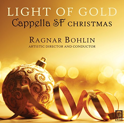 "Christmas CD cover featuring a gold ornament and ribbon on a golden background."
