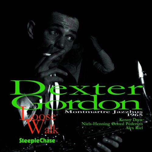 Black and white portrait of Dexter Gordon with green and red album text.