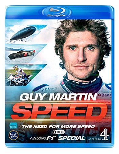 Blue-ray case with "Guy Martin: Speed" title, featuring Guy Martin's portrait and racing images.