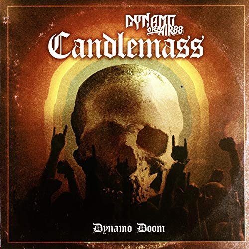 Candlemass "Dynamo Doom" album cover with a skull and raised hands.