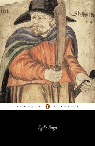 "Egil's Saga" book cover featuring a medieval man with a sword, wearing orange and hat.