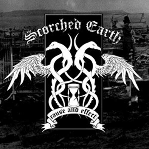 Black and white album cover with winged beasts and hourglass.
