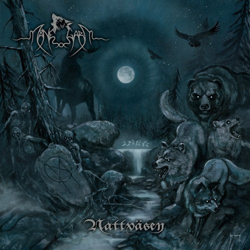 Dark forest scene with wolves, bears, and a full moon; album cover.