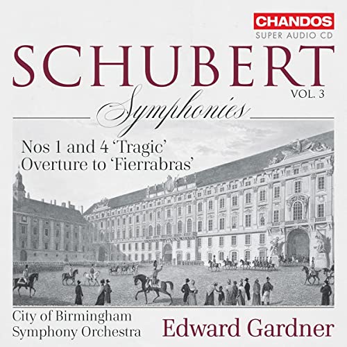 CD cover for Schubert symphonies with a sketched palace scene.