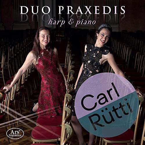 CD cover featuring two women in formal dresses standing among empty concert hall chairs.