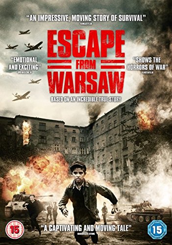 DVD cover for "Escape From Warsaw" showing a man running from explosions and war debris.
