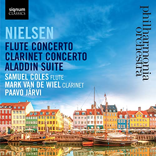 CD cover for Nielsen’s concertos with a harbor town background.