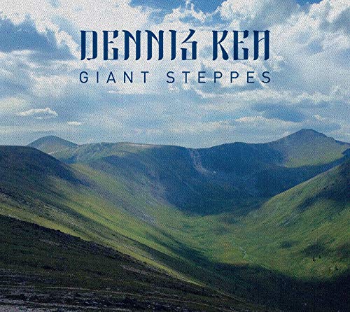 "Album cover featuring a serene mountain landscape with 'Dennis Rea - Giant Steppes' text."
