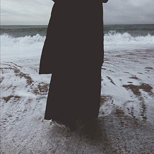 The image depicts a black vinyl record sleeve standing on a beach. Here is a concise alt text: "Black vinyl record sleeve on a sandy beach with waves."