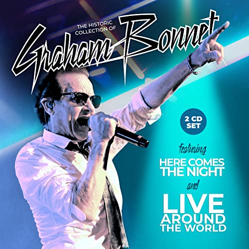 Graham Bonnet performing with a microphone, album cover for "The Historic Collection.