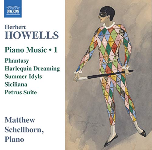 "CD cover featuring a harlequin illustration and piano music details."