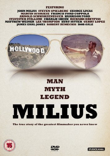 Milius" DVD cover featuring sunglasses reflecting Hollywood and a filmmaker.