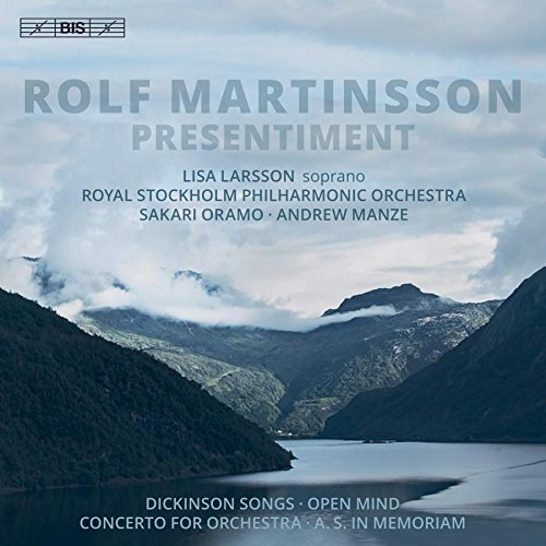 CD cover with misty mountains and lake, featuring Rolf Martinsson's "Presentiment" in gray text.