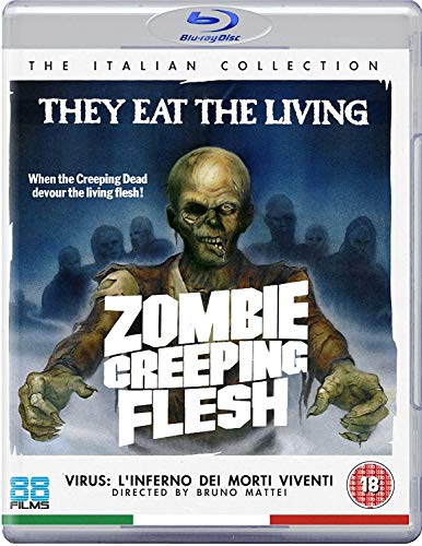 Blu-ray cover for "Zombie Creeping Flesh" featuring a decaying zombie reaching forward.