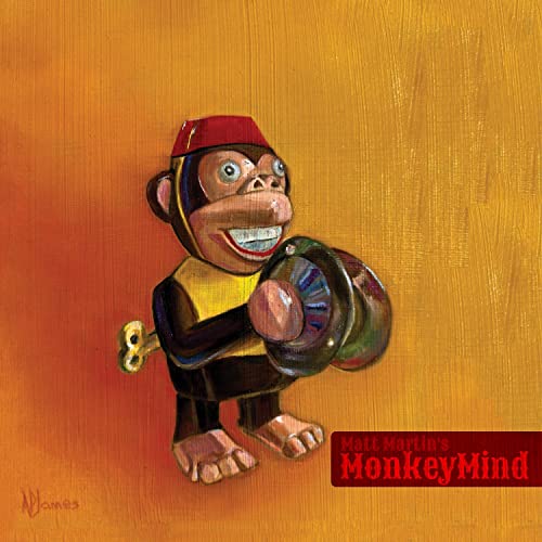 Painted image of a wind-up monkey toy on an orange background.