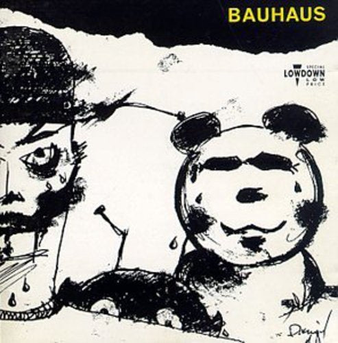 "Bauhaus CD cover featuring a black and white illustration of a crying mask."