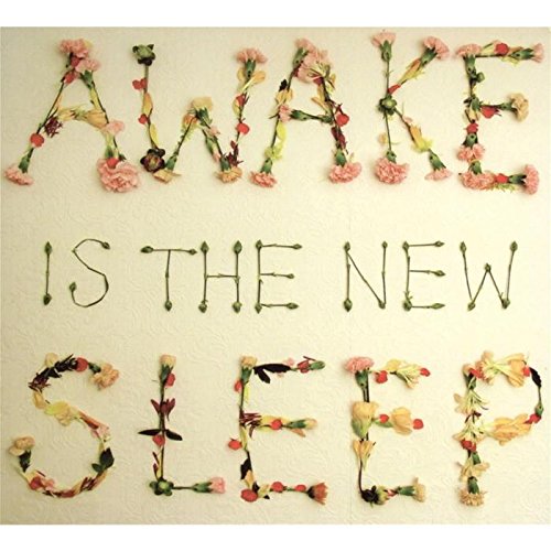 The image depicts a creative arrangement of flowers spelling out the phrase "AWAKE IS THE NEW SLEEP" on a white wall. The text is formed using a combination of pink, yellow, and red flowers, with green stems and leaves, creating a visually appealing display. * The top line reads "AWAKE" in large, flower-formed letters. + The letters are made up of various flowers, including pink and yellow blooms. + The stems and leaves are green, adding a