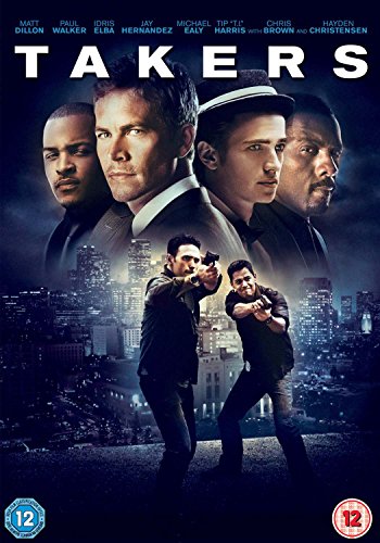 Takers" DVD cover featuring six men, city skyline, and action poses.