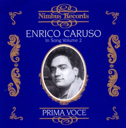 "Blue CD cover with gold designs, featuring a black-and-white portrait of Enrico Caruso."