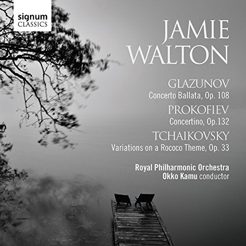 CD cover featuring Jamie Walton, Glazunov, Prokofiev, Tchaikovsky, and a pier.