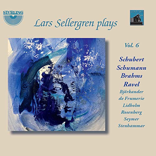 A beige CD cover with blue abstract art and listed composer names.