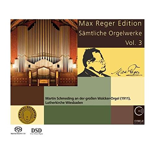 "CD cover featuring a pipe organ and portrait of Max Reger."