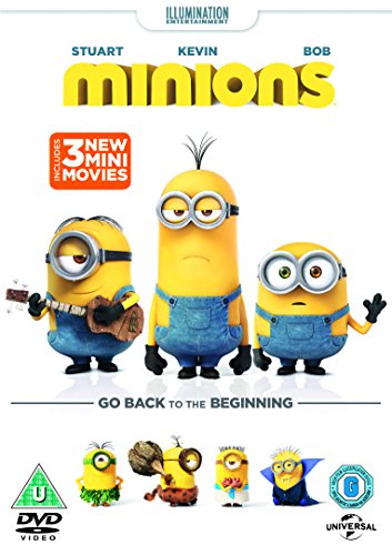 DVD cover for "Minions" featuring three yellow, goggle-wearing characters.